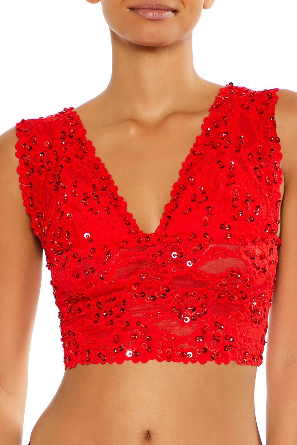  Forever 21 Sequin Lace Lingerie Crop Top - high-risk-red - Bonton