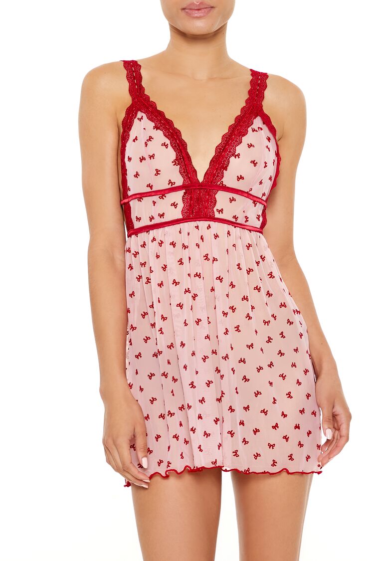  Forever 21 Bow Lingerie Mini Slip Dress - pink-multi - Bonton