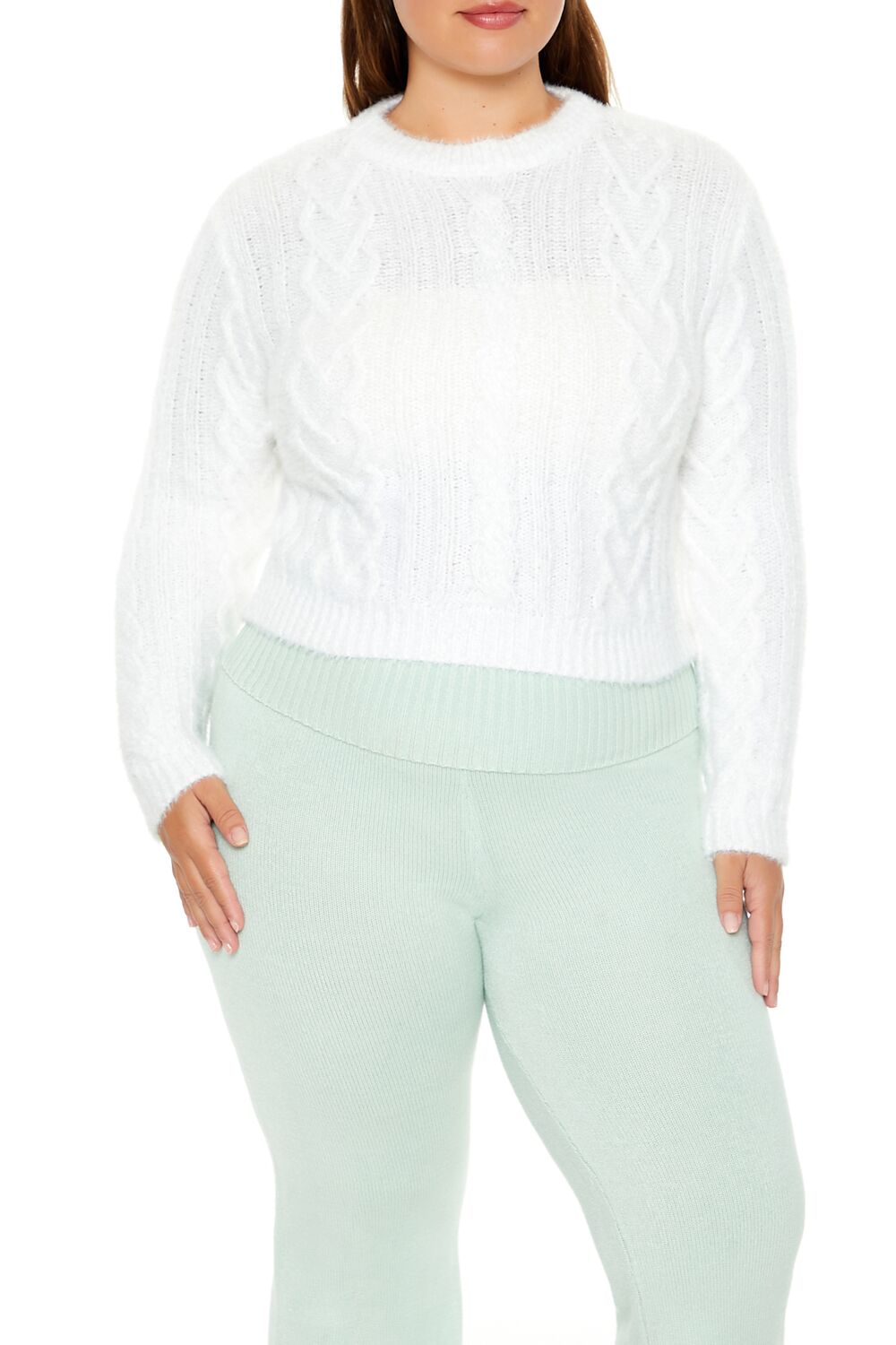  Forever 21 Plus Size Fuzzy Cable Knit Sweater - white - Bonton