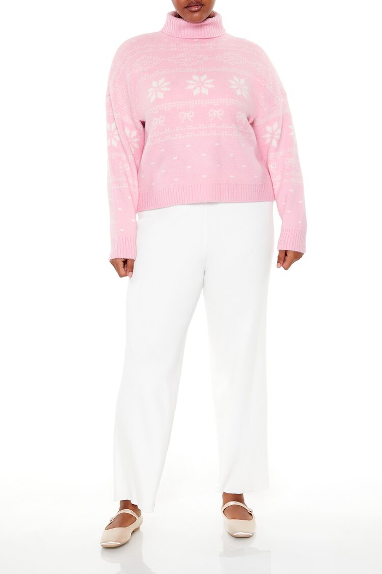  Forever 21 Plus Size Turtleneck Fair Isle Sweater - pink white - Bonton