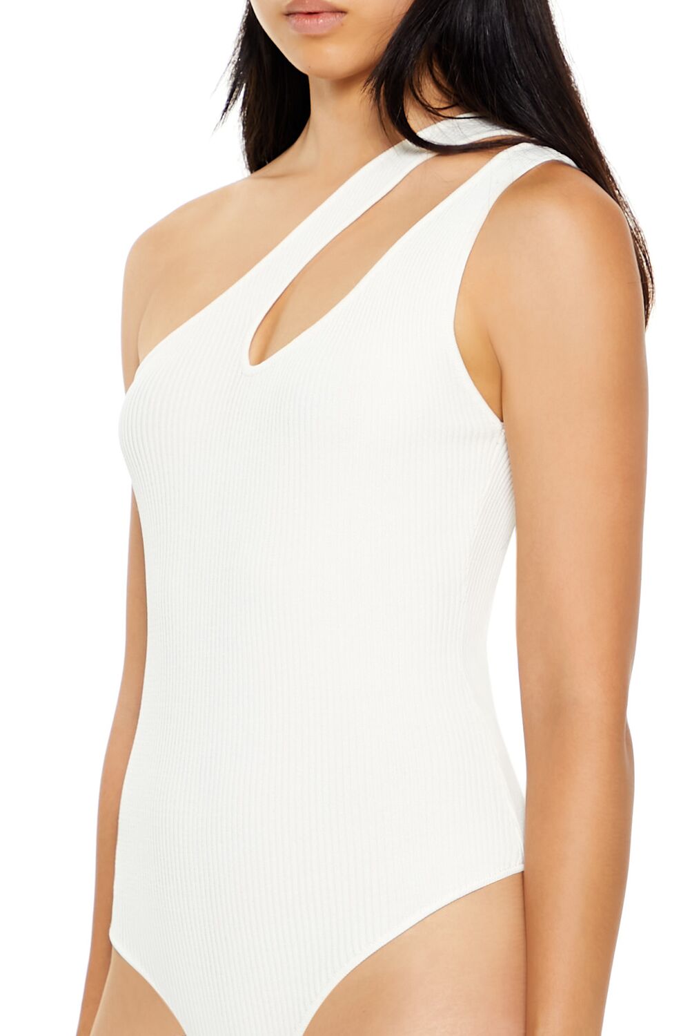  Forever 21 Sweater-Knit One-Shoulder Bodysuit - white - Bonton