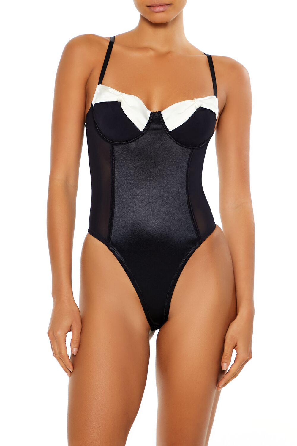  Forever 21 Bow Satin Lingerie Bodysuit - black-white - Bonton