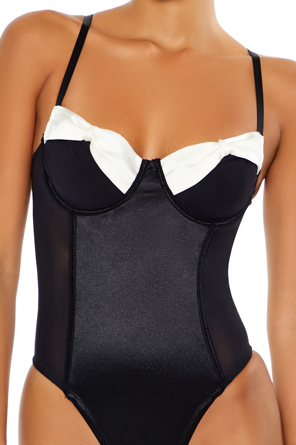  Forever 21 Bow Satin Lingerie Bodysuit - black-white - Bonton