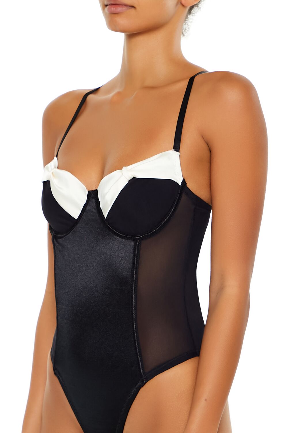  Forever 21 Bow Satin Lingerie Bodysuit - black-white - Bonton