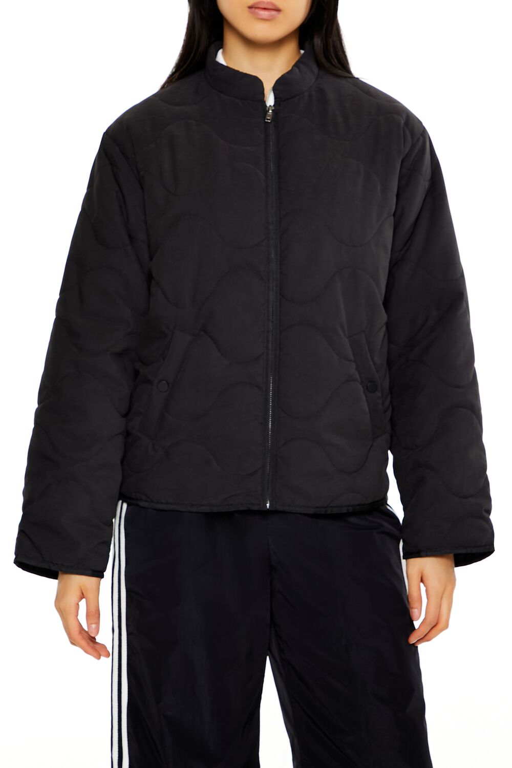  Forever 21 Abstract Quilted Zip-Up Jacket - black-swatch - Bonton