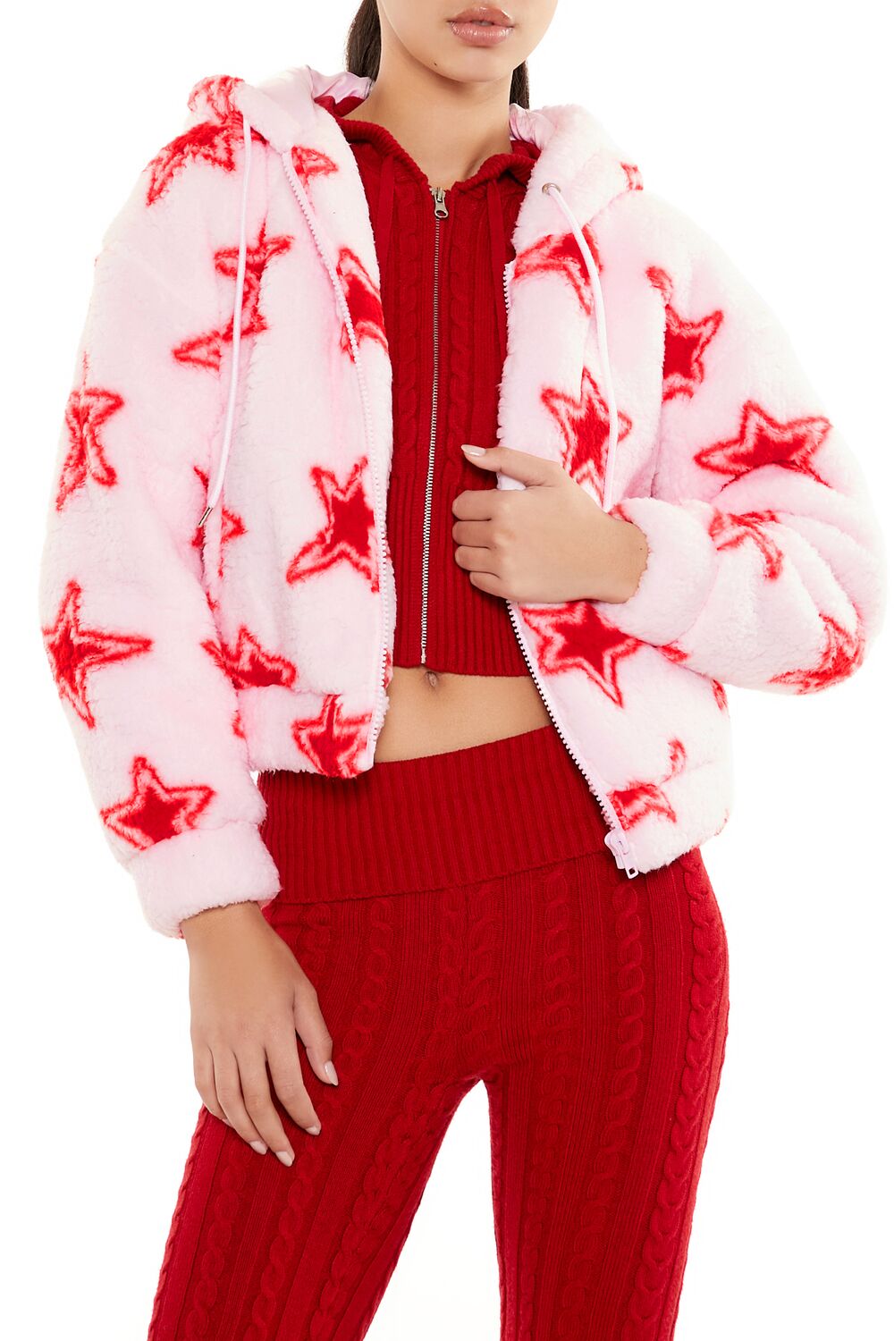  Forever 21 Faux Shearling Star Print Hoodie - pink-red-swatch - Bonton