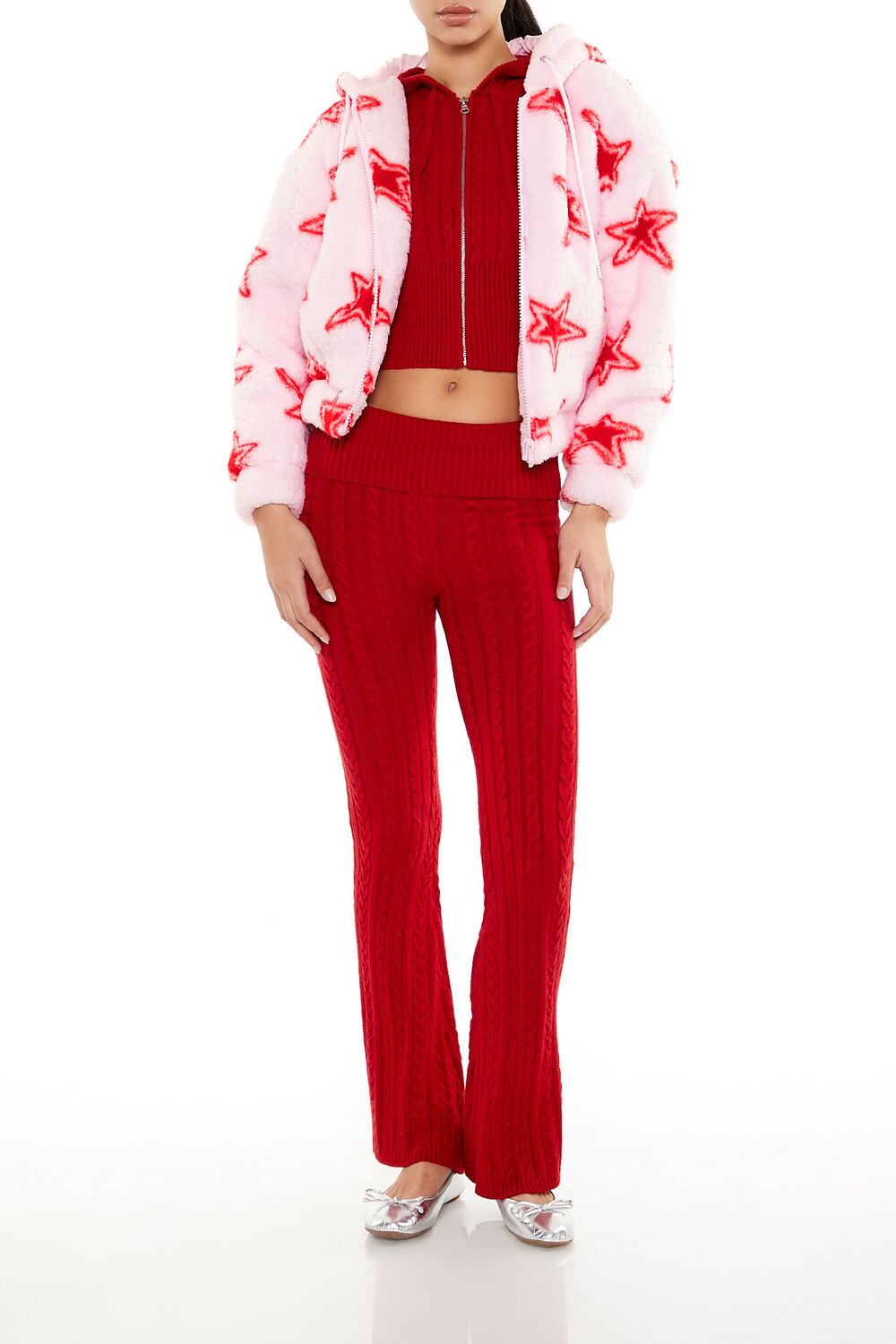  Forever 21 Faux Shearling Star Print Hoodie - pink-red-swatch - Bonton