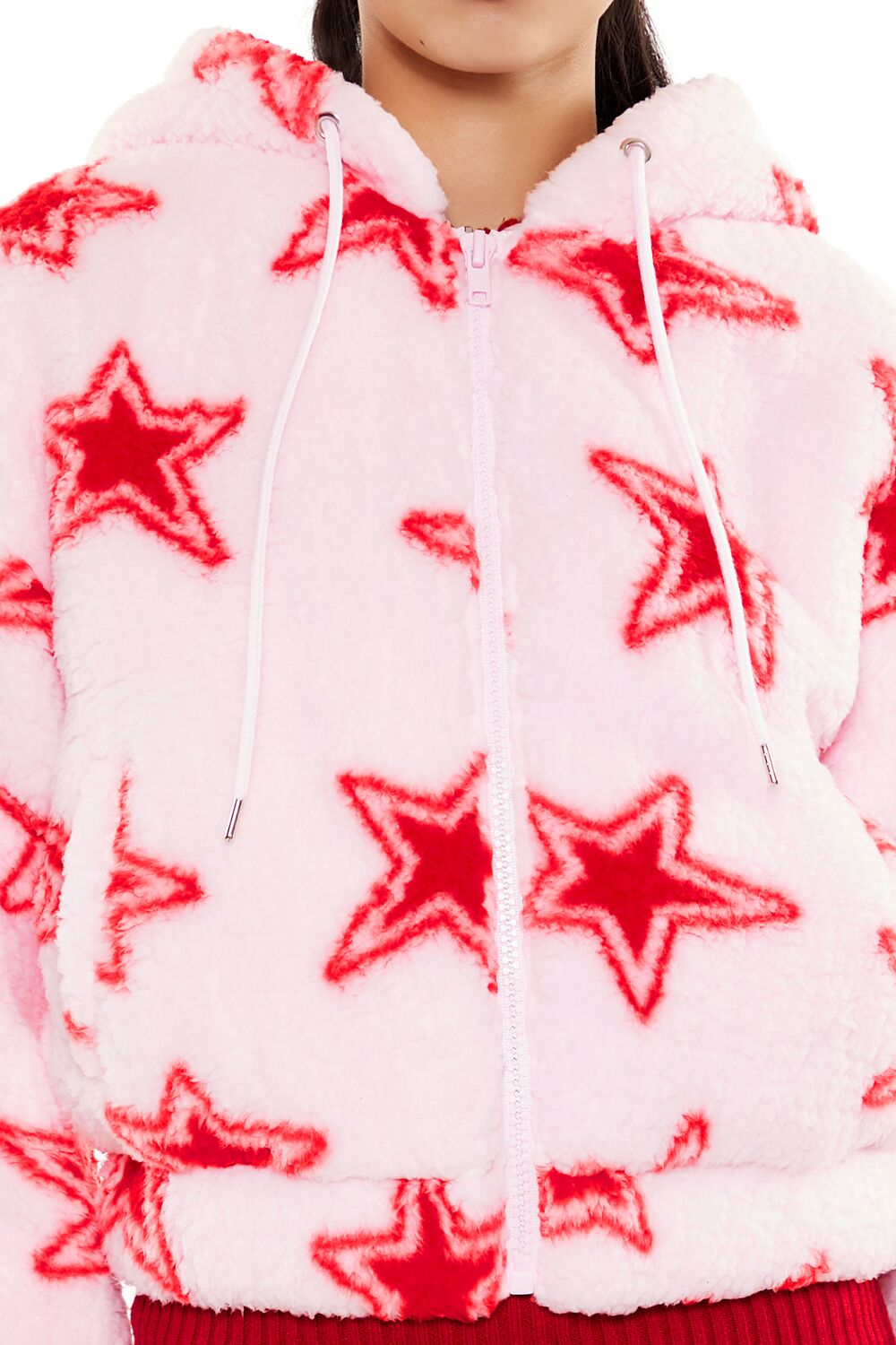  Forever 21 Faux Shearling Star Print Hoodie - pink-red-swatch - Bonton