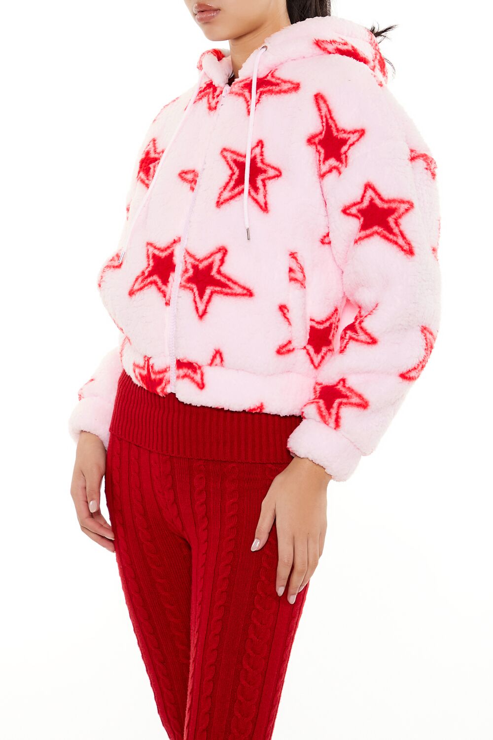  Forever 21 Faux Shearling Star Print Hoodie - pink-red-swatch - Bonton