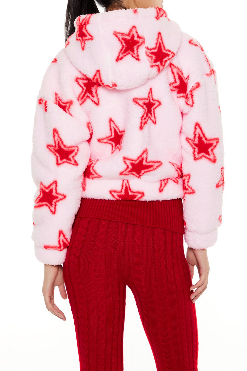  Forever 21 Faux Shearling Star Print Hoodie - pink-red-swatch - Bonton