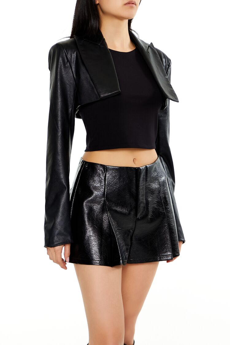  Forever 21 Faux Leather Cropped Blazer - black-swatch - Bonton