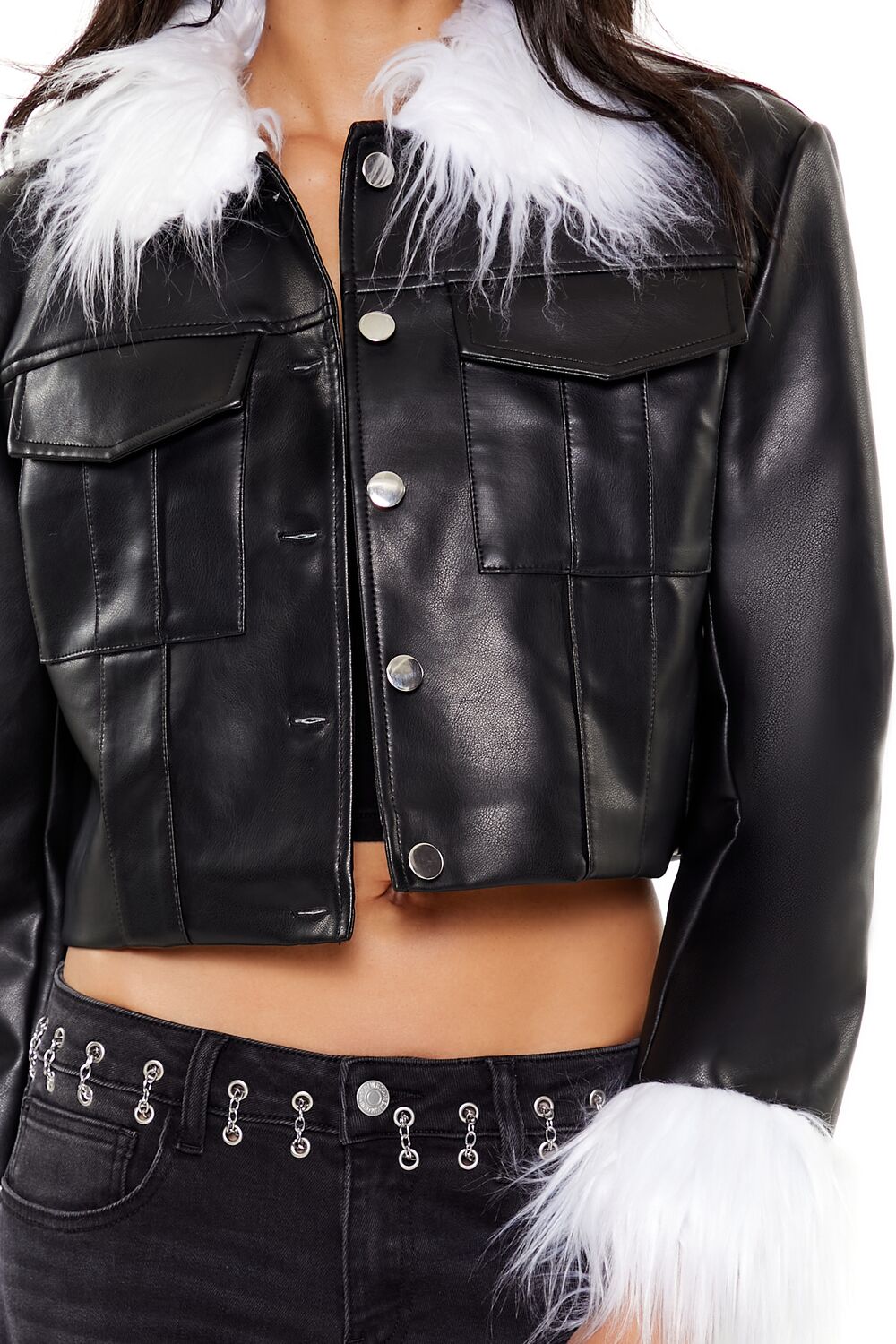  Forever 21 Faux Fur & Leather Trucker Jacket - black-white - Bonton