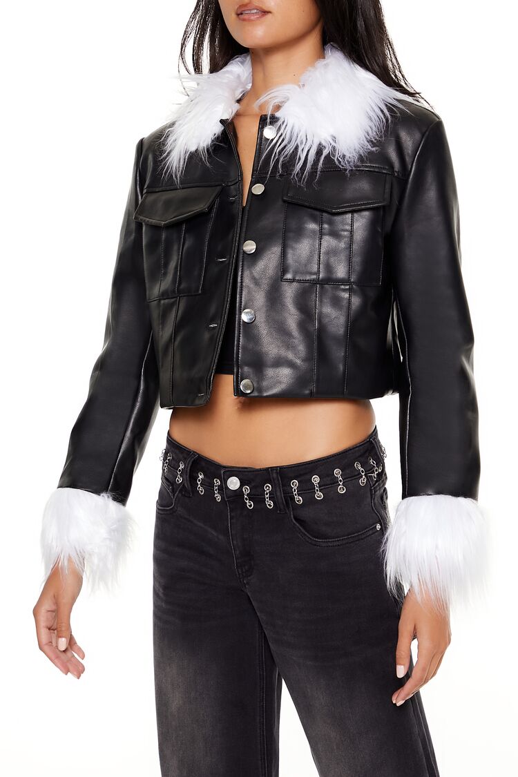  Forever 21 Faux Fur & Leather Trucker Jacket - black-white - Bonton