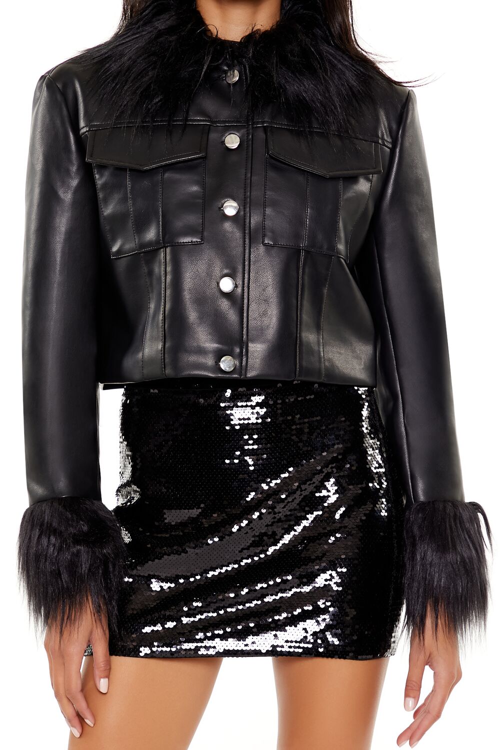  Forever 21 Faux Fur & Leather Trucker Jacket - black-white - Bonton