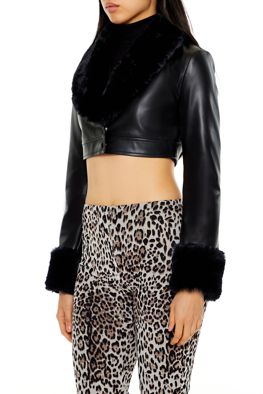  Forever 21 Faux Leather & Fur Cropped Jacket - black-swatch - Bonton