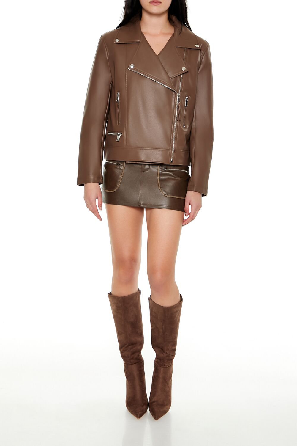  Forever 21 Faux Leather Zip-Up Moto Jacket - espresso-swatch - Bonton