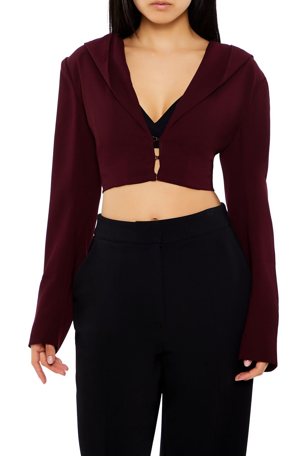  Forever 21 Plunging Hooded Cropped Blazer - black - Bonton
