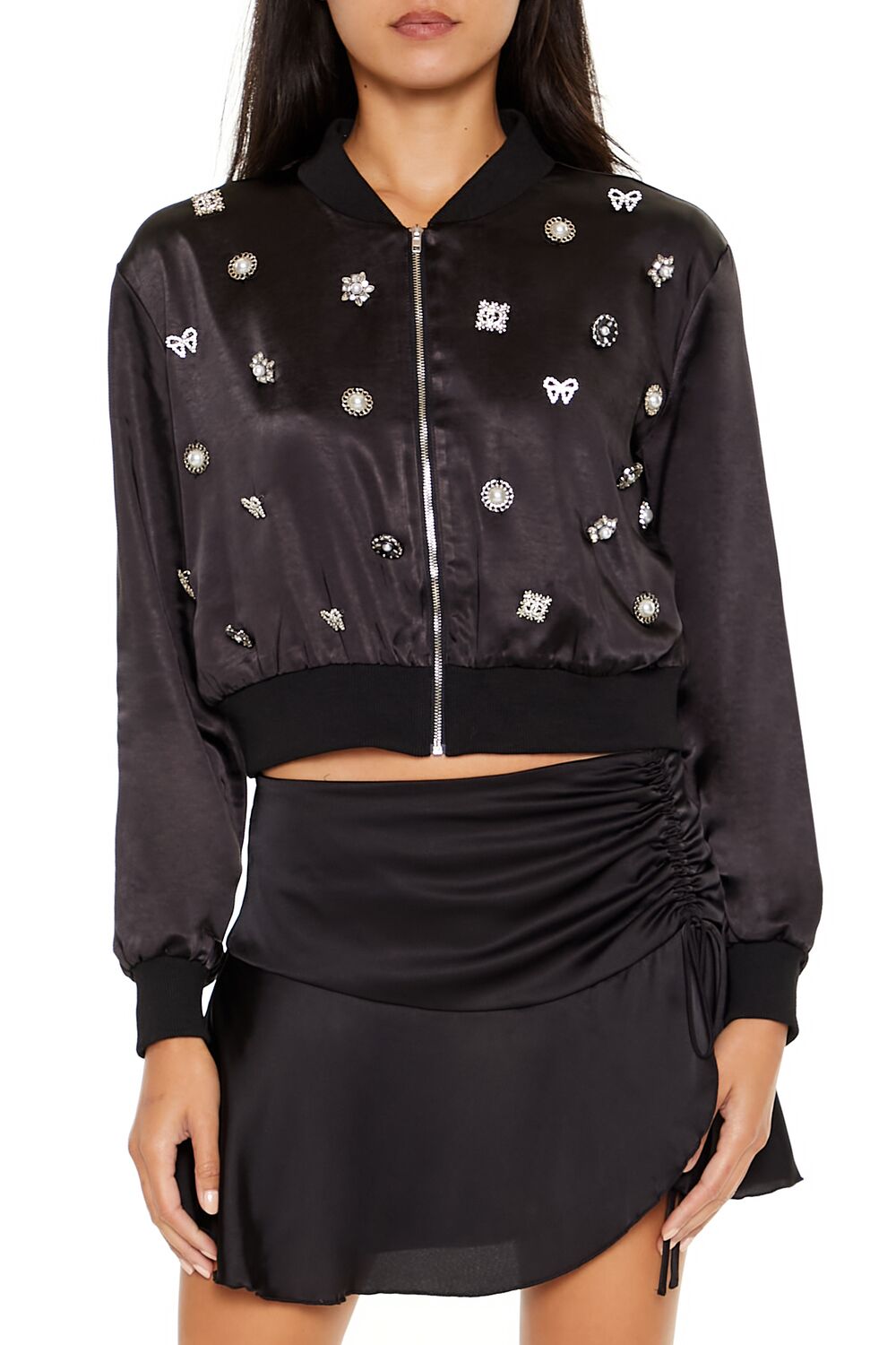  Forever 21 Rhinestone Charm Bomber Jacket - black-swatch - Bonton