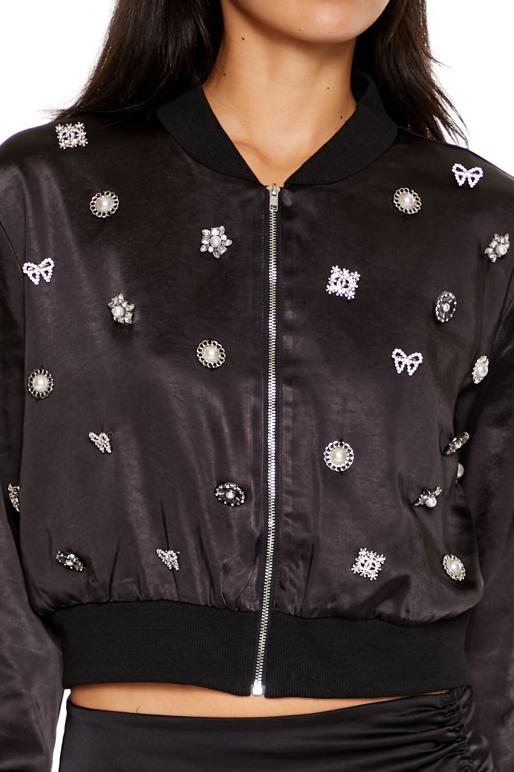  Forever 21 Rhinestone Charm Bomber Jacket - black-swatch - Bonton