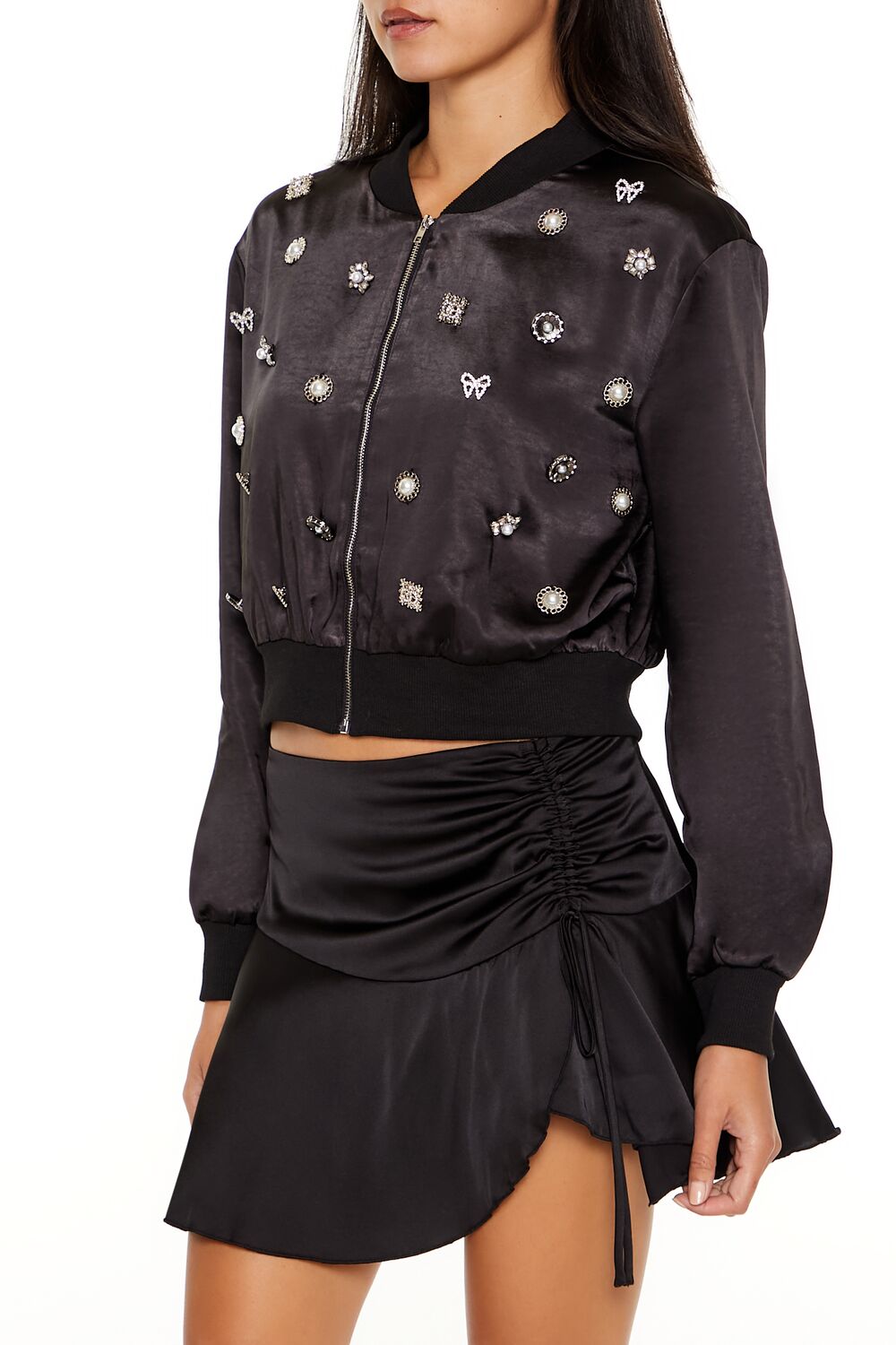  Forever 21 Rhinestone Charm Bomber Jacket - black-swatch - Bonton