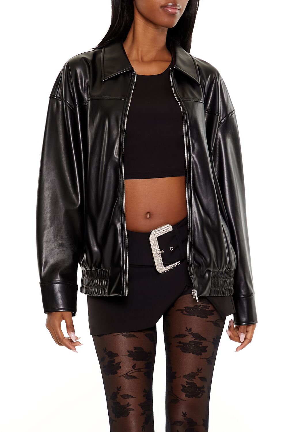  Forever 21 Faux Leather Zip-Up Bomber Jacket - black-swatch - Bonton