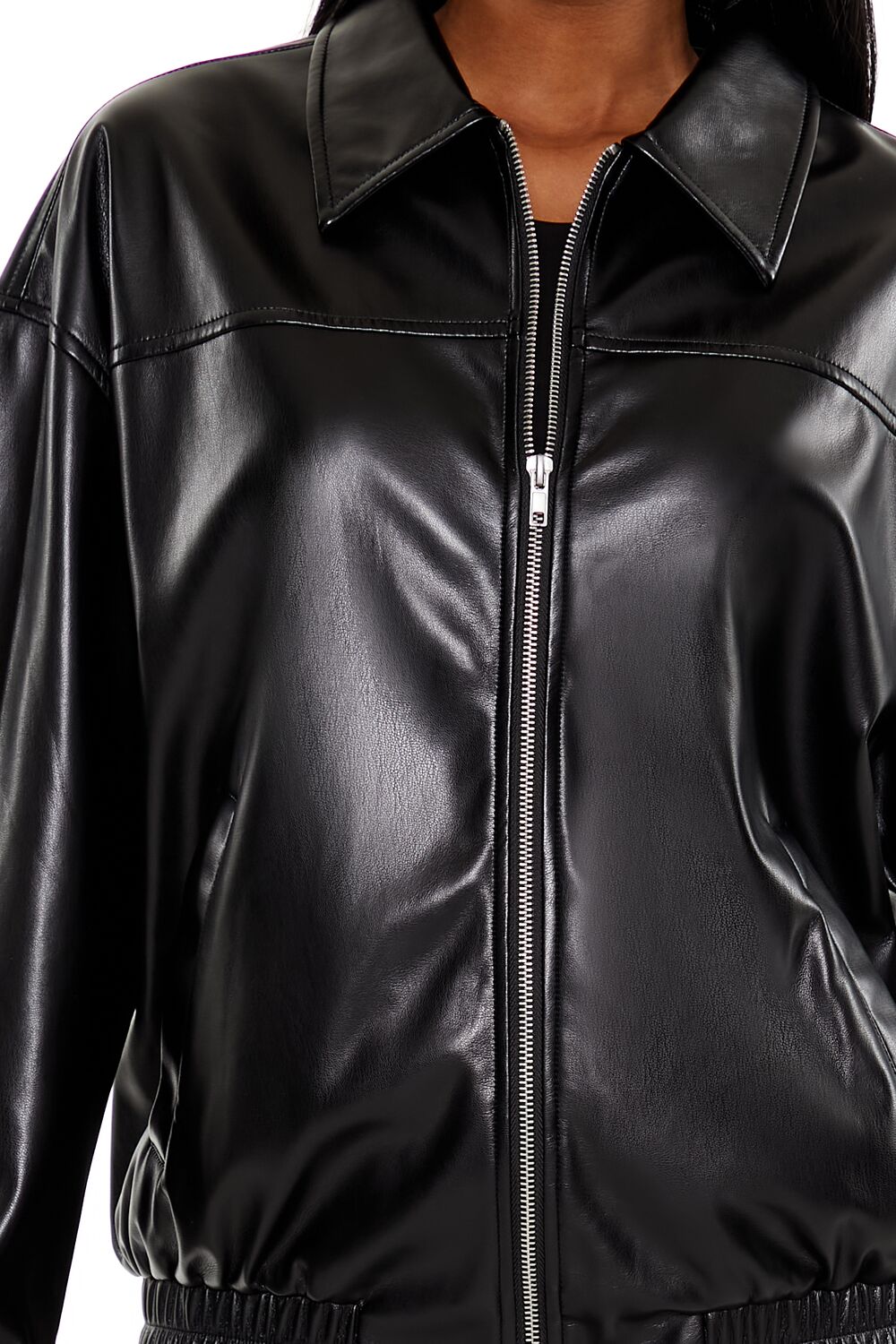  Forever 21 Faux Leather Zip-Up Bomber Jacket - black-swatch - Bonton