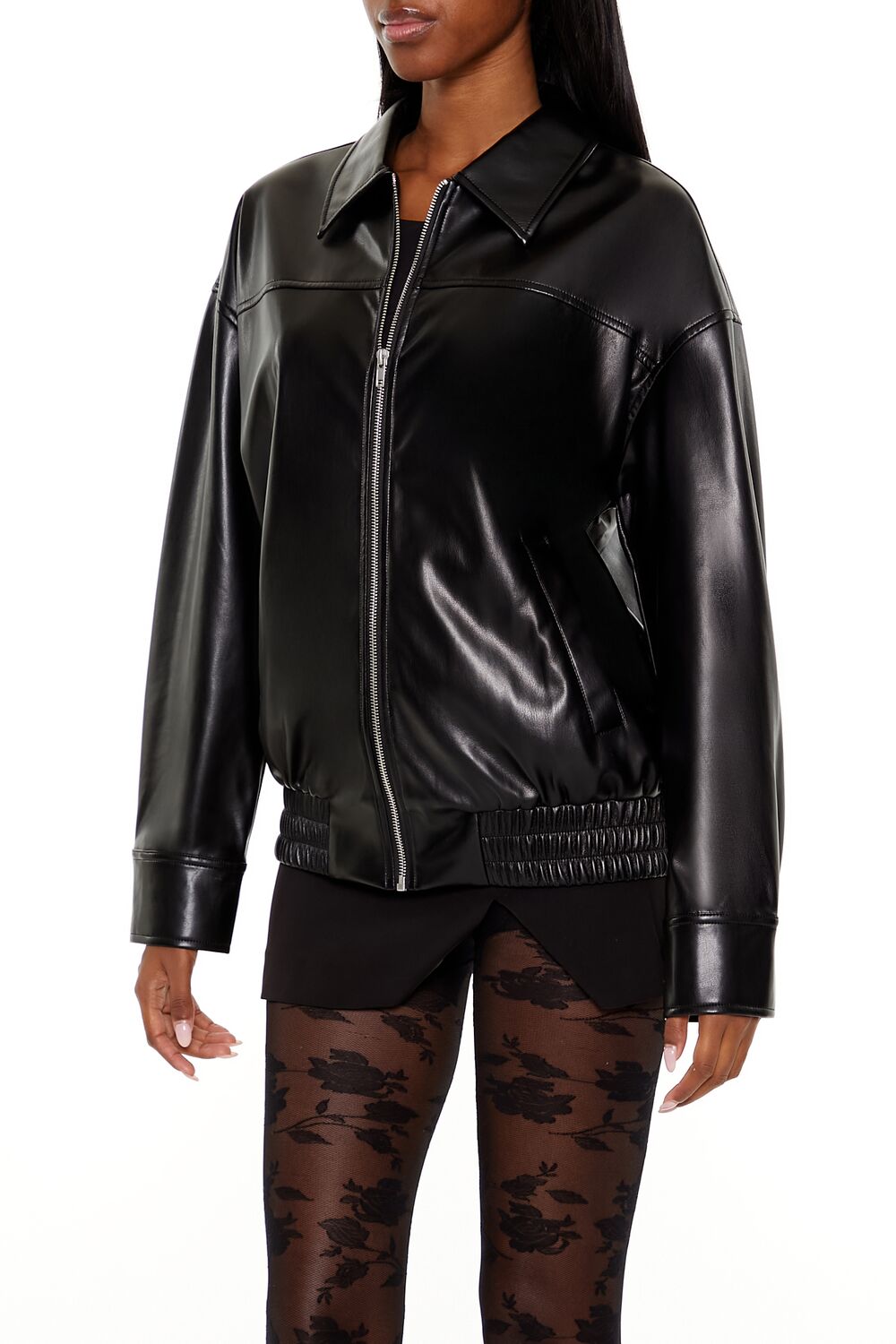  Forever 21 Faux Leather Zip-Up Bomber Jacket - black-swatch - Bonton