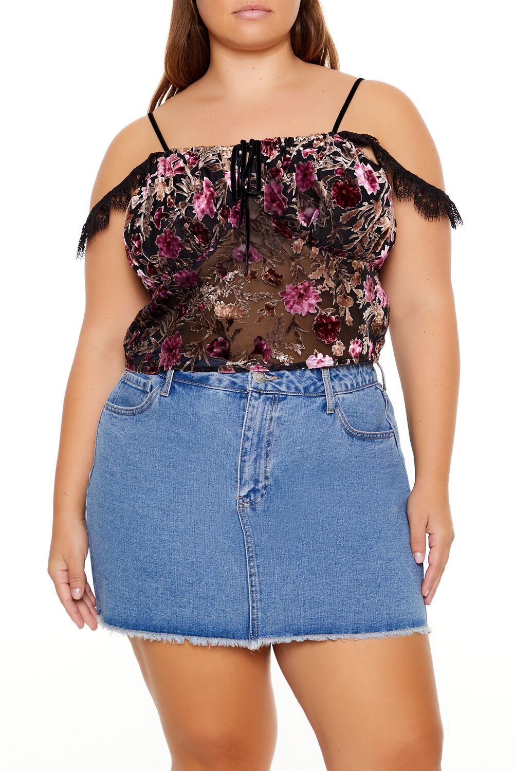  Forever 21 Plus Size Eyelash Lace-Trim Floral Crop Top - black multi - Bonton