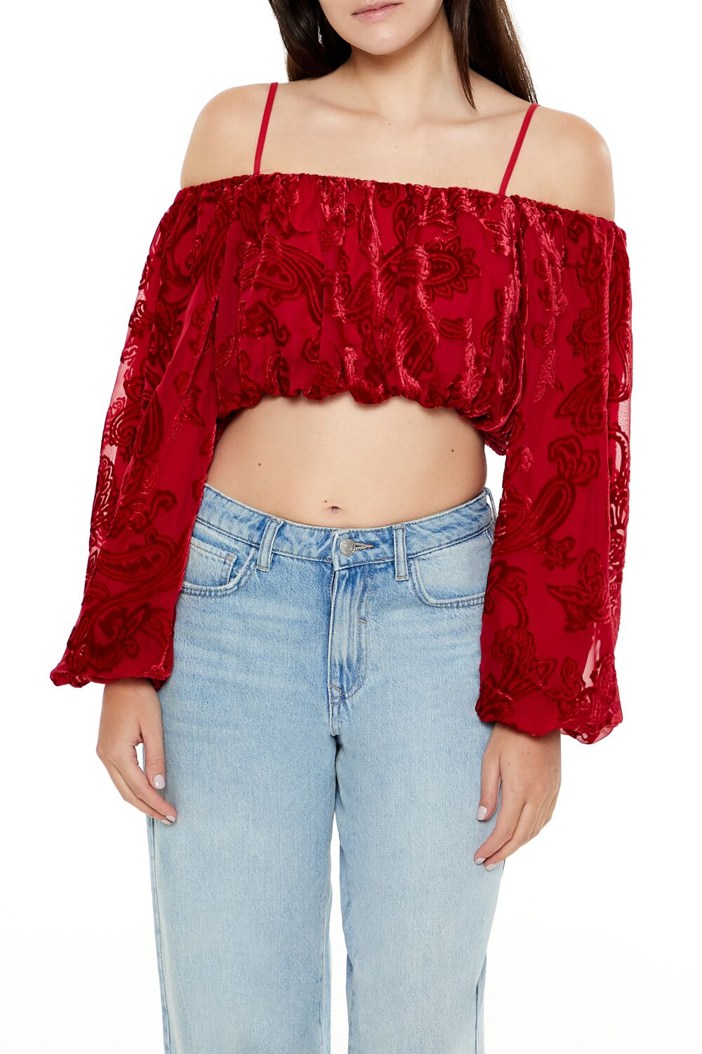  Forever 21 Paisley Open-Shoulder Crop Top - dark red - Bonton