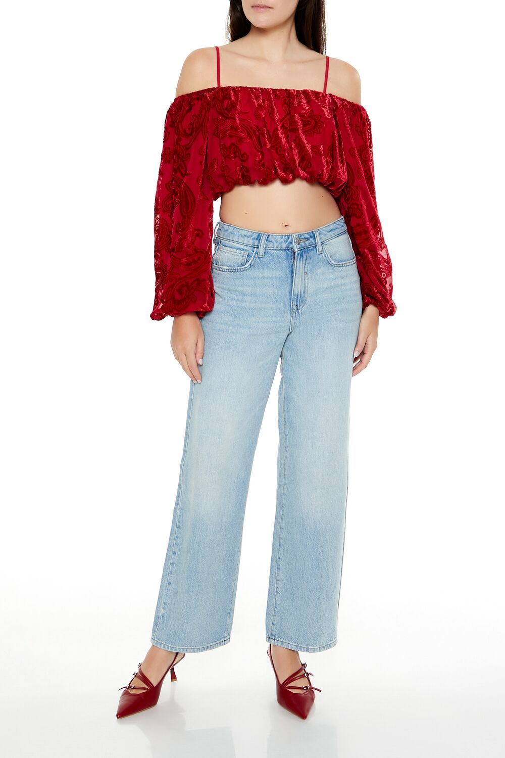  Forever 21 Paisley Open-Shoulder Crop Top - dark red - Bonton