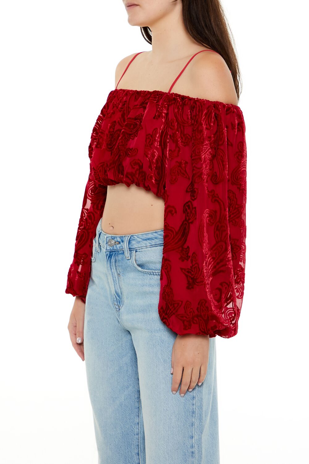  Forever 21 Paisley Open-Shoulder Crop Top - dark red - Bonton