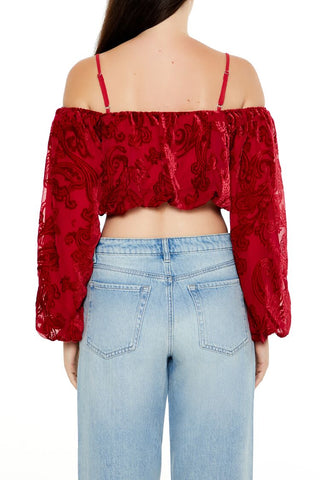 Paisley Open-Shoulder Crop Top