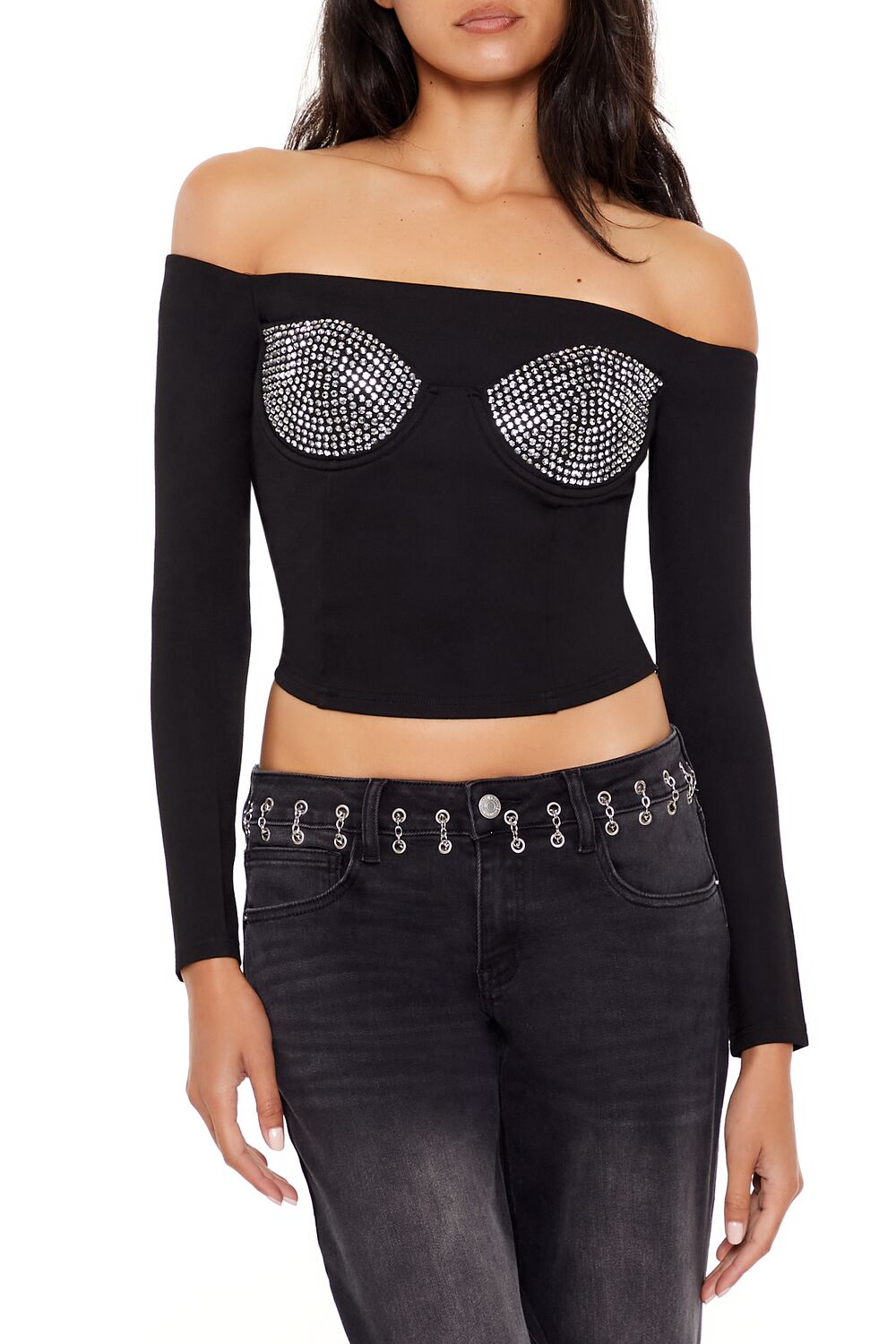  Forever 21 Rhinestone Off-the-Shoulder Top - black - Bonton