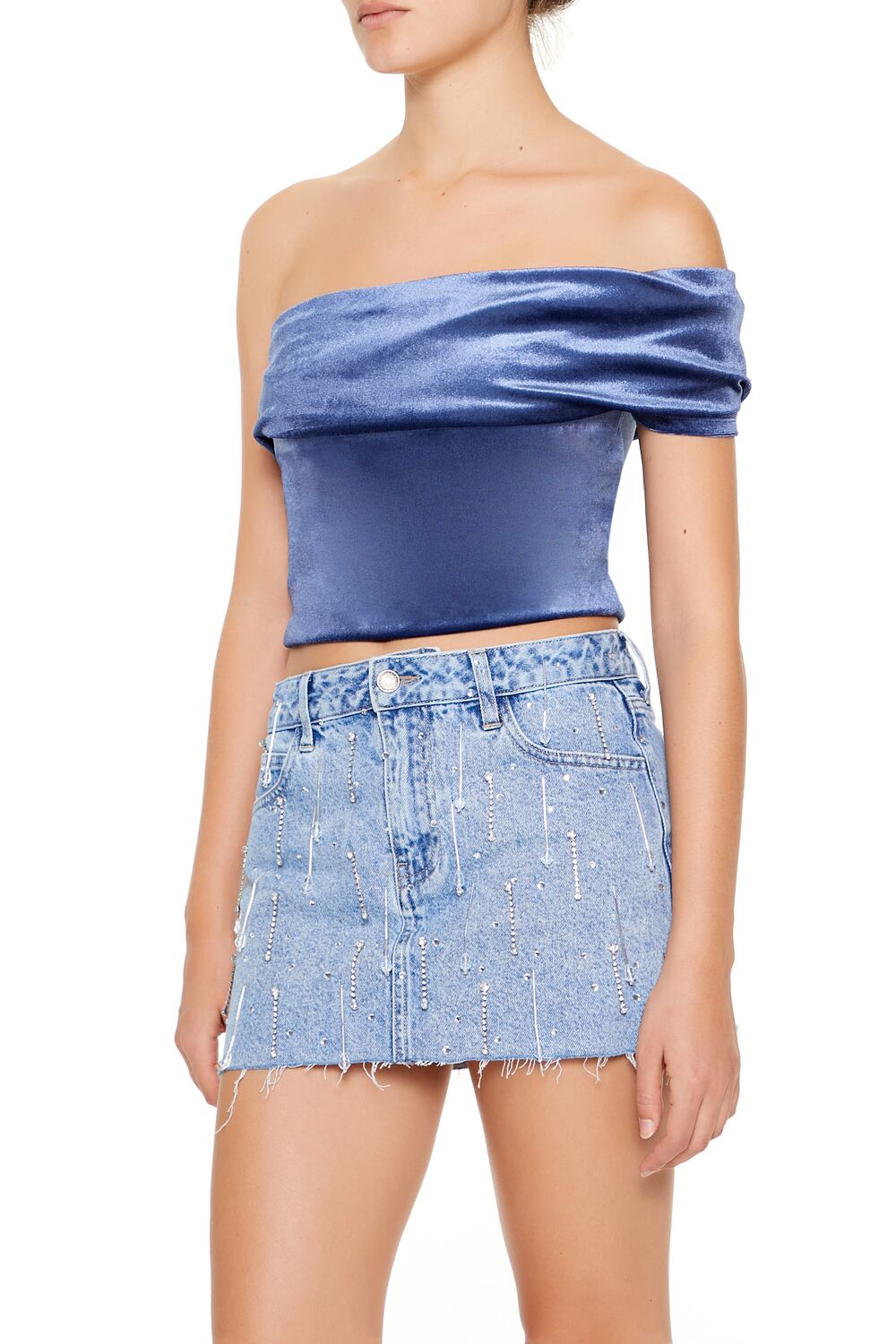  Forever 21 Velvet One-Shoulder Crop Top - black - Bonton