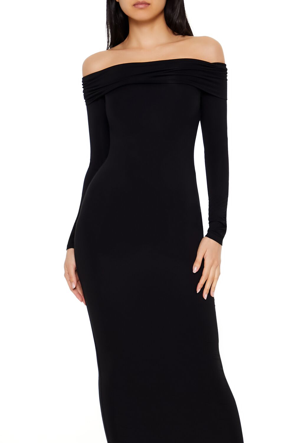  Forever 21 Foldover Off-the-Shoulder Midi Dress - black-swatch - Bonton