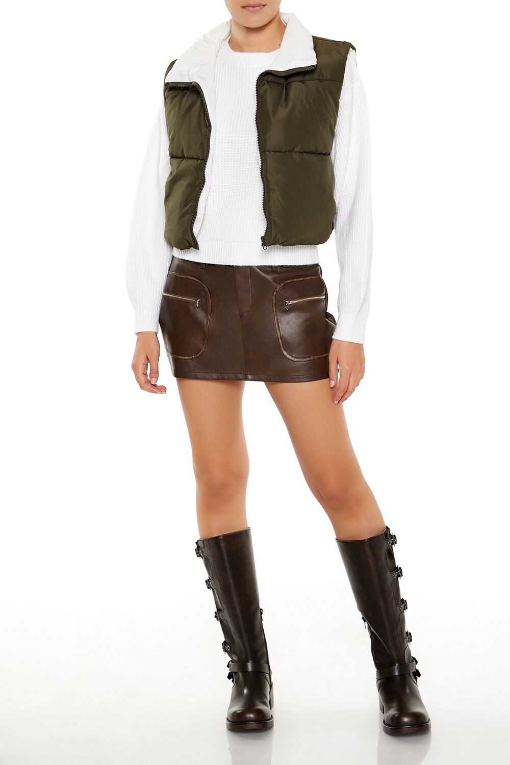  Forever 21 Quilted Cropped Zip-Up Vest - olivine-swatch - Bonton