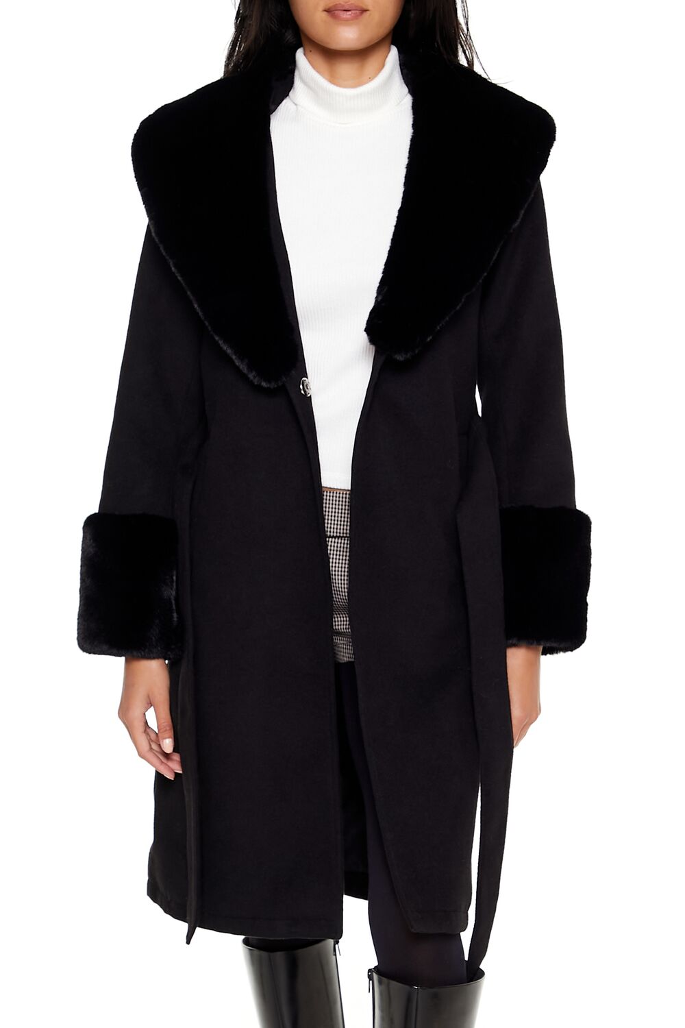  Forever 21 Faux Fur-Trim Faux Suede Wrap Coat - black-swatch - Bonton