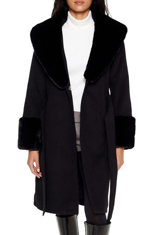 Faux Fur-Trim Faux Suede Wrap Coat