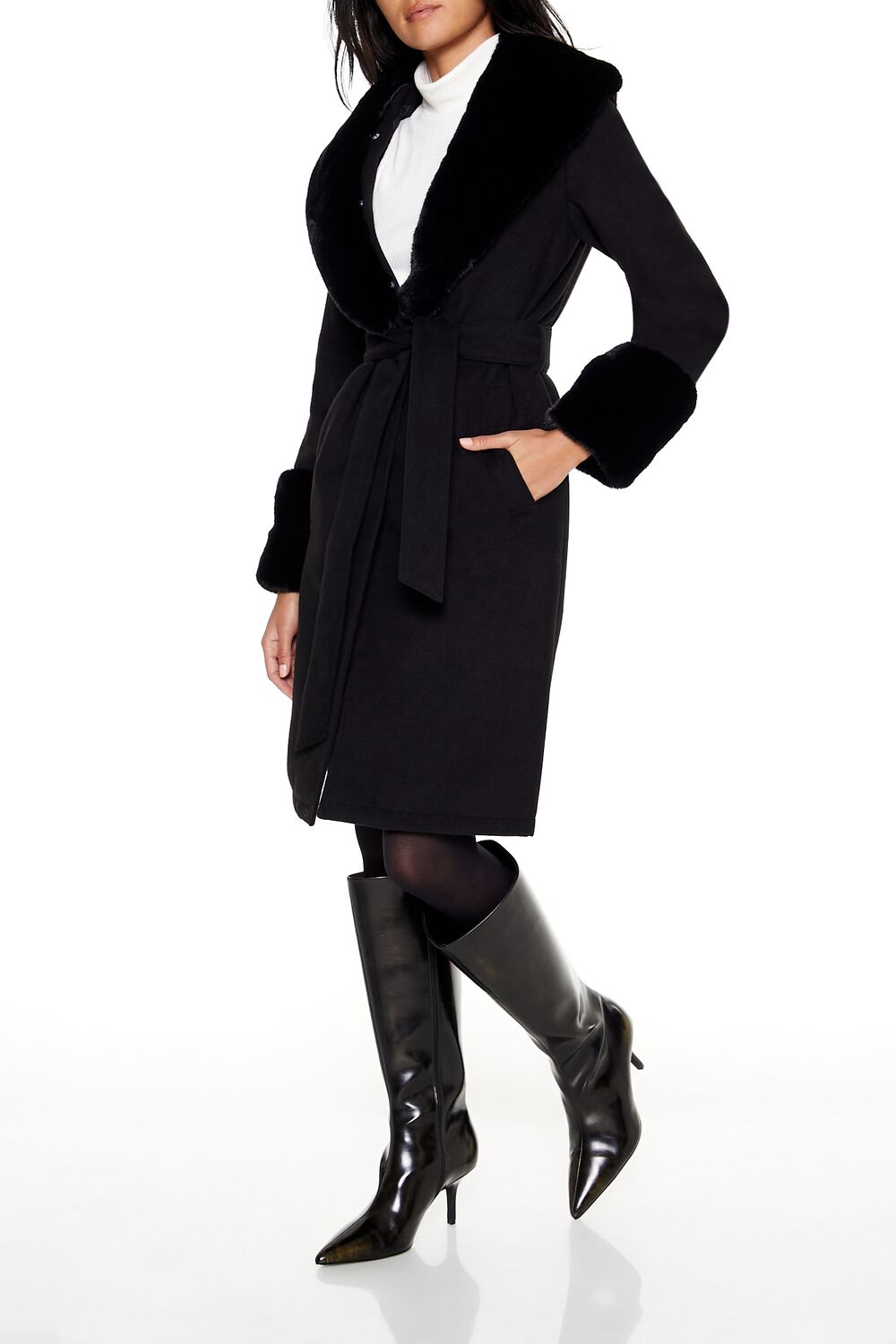  Forever 21 Faux Fur-Trim Faux Suede Wrap Coat - black-swatch - Bonton