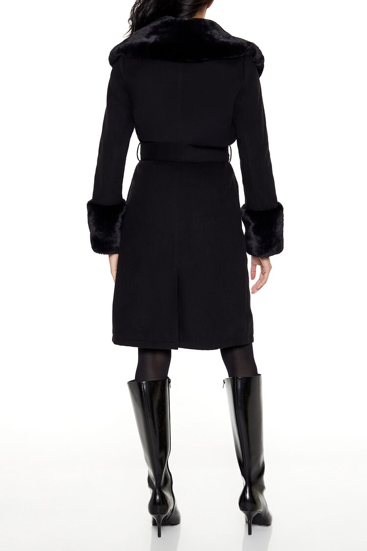  Forever 21 Faux Fur-Trim Faux Suede Wrap Coat - black-swatch - Bonton