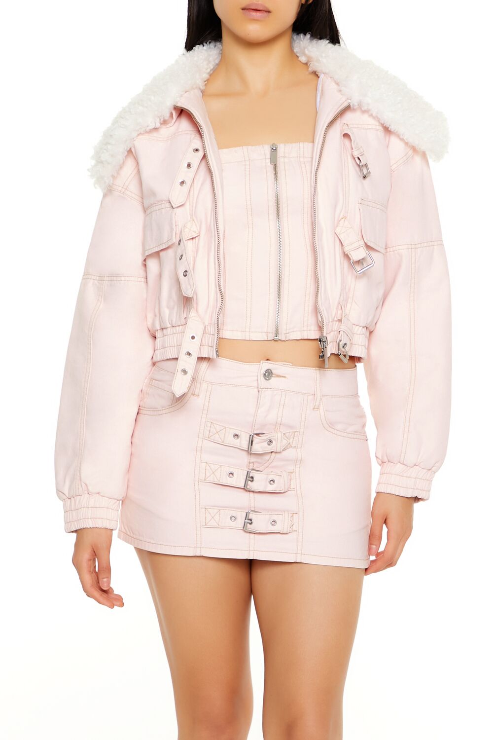 Forever 21 Strappy Faux Fur-Trim Denim Bomber Jacket - seashell-pink-swatch - Bonton