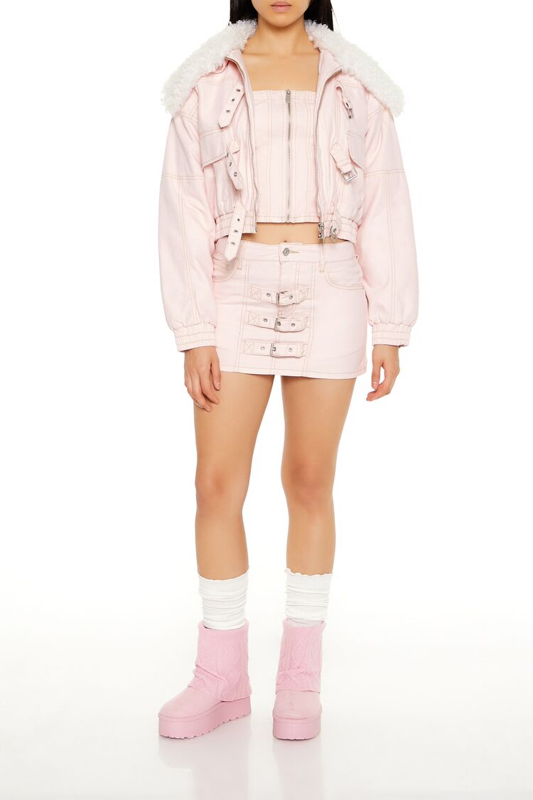  Forever 21 Strappy Faux Fur-Trim Denim Bomber Jacket - seashell-pink-swatch - Bonton