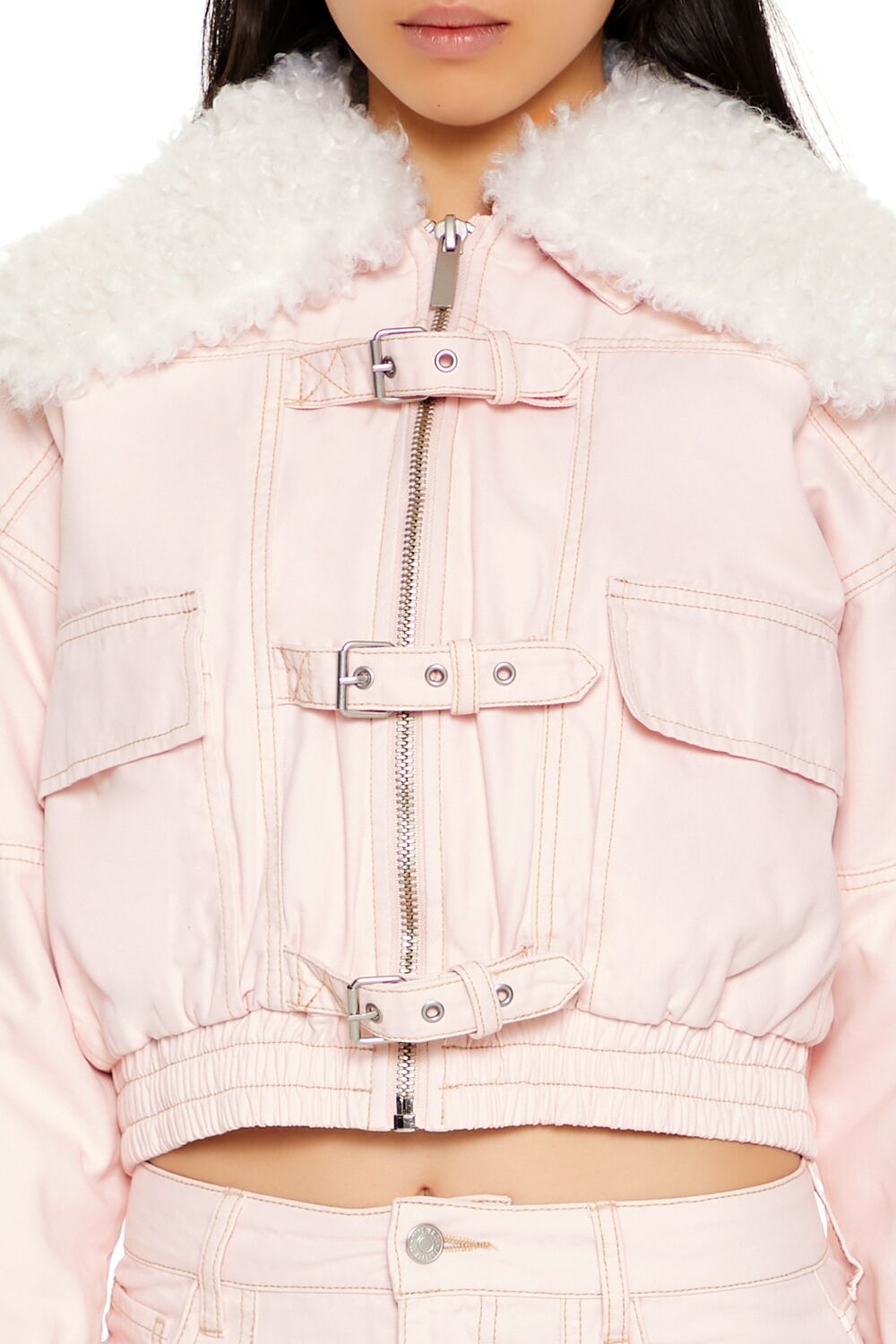  Forever 21 Strappy Faux Fur-Trim Denim Bomber Jacket - seashell-pink-swatch - Bonton
