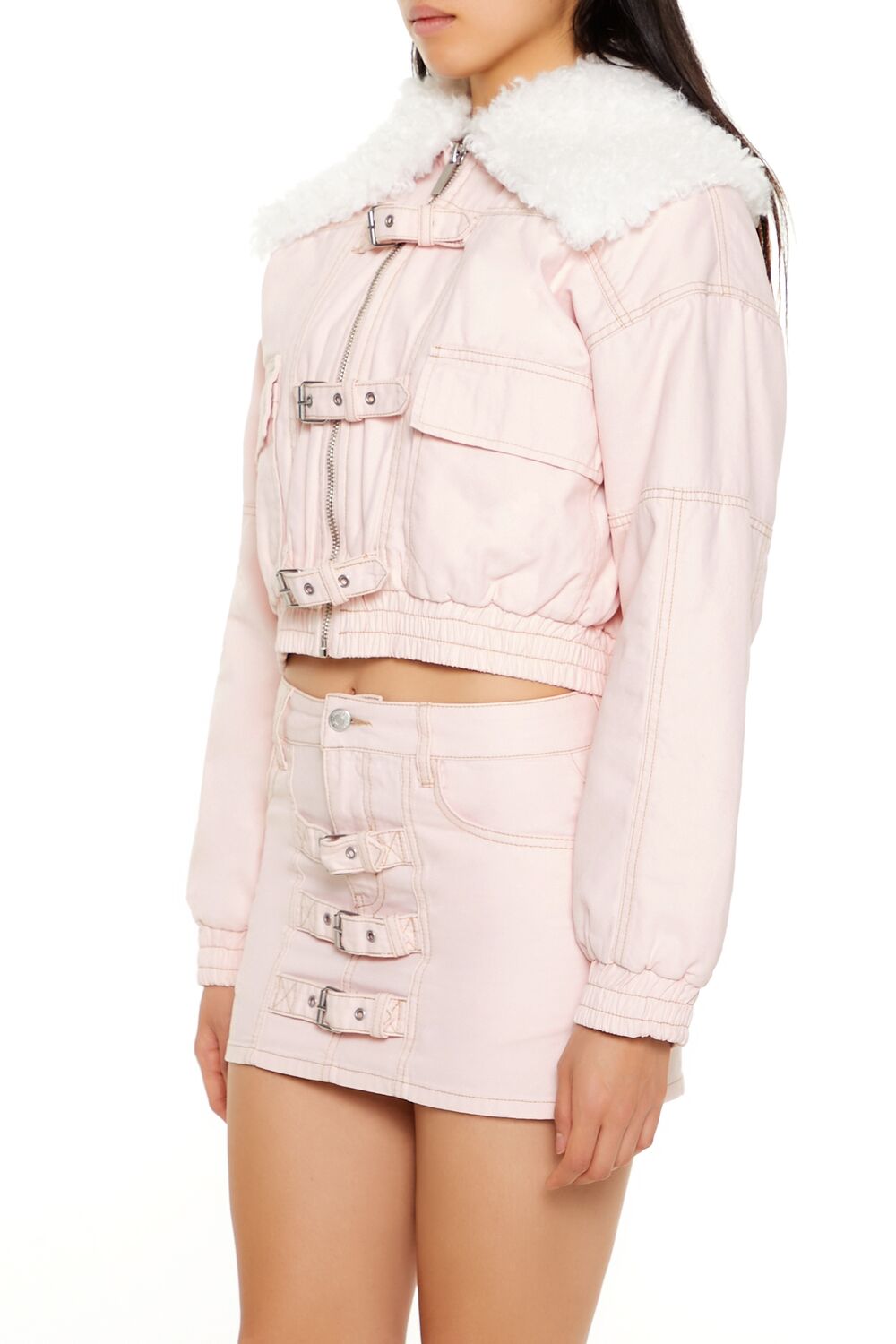  Forever 21 Strappy Faux Fur-Trim Denim Bomber Jacket - seashell-pink-swatch - Bonton
