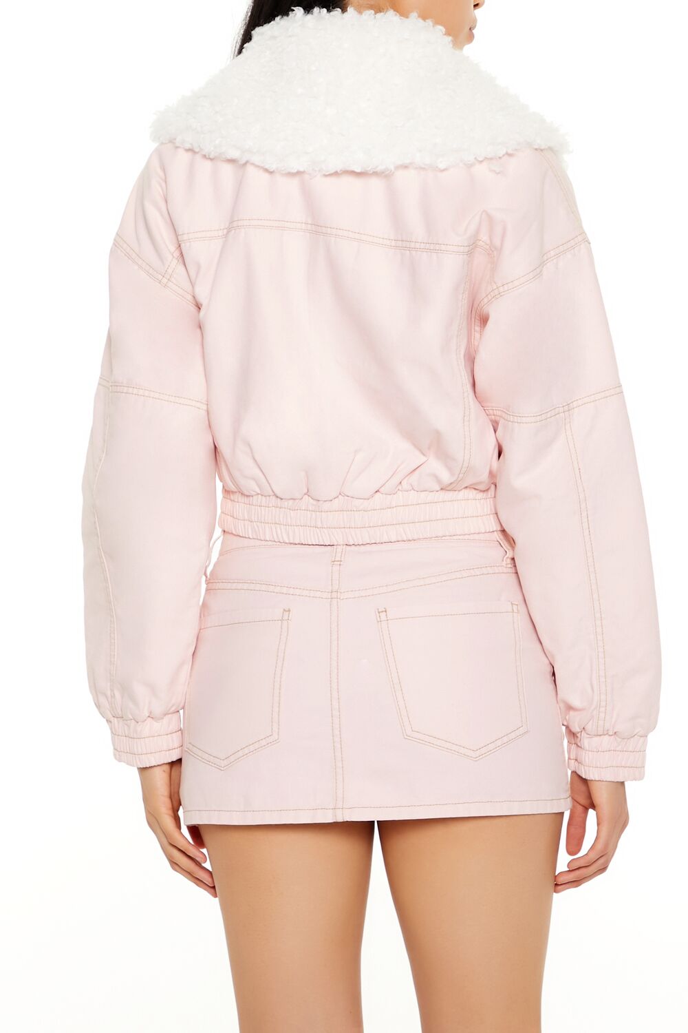  Forever 21 Strappy Faux Fur-Trim Denim Bomber Jacket - seashell-pink-swatch - Bonton