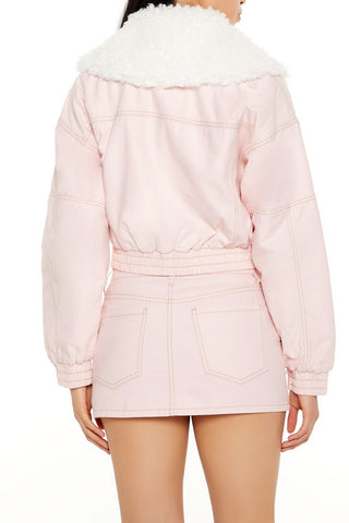 Strappy Faux Fur-Trim Denim Bomber Jacket