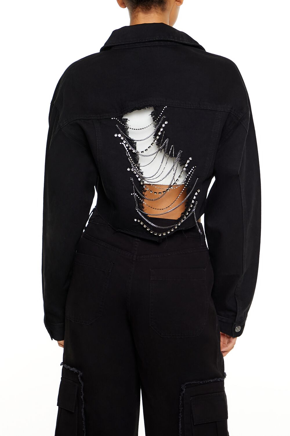  Forever 21 Rhinestone Chain Denim Jacket - black-swatch - Bonton
