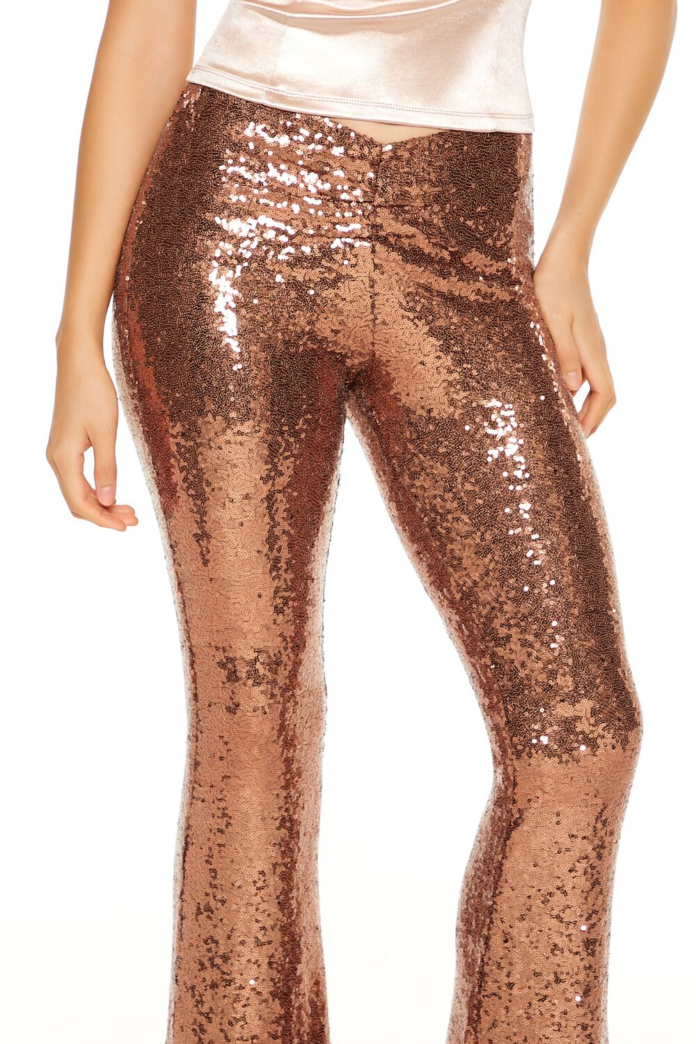  Forever 21 Sequin High-Rise Flare Pants - ash-brown - Bonton