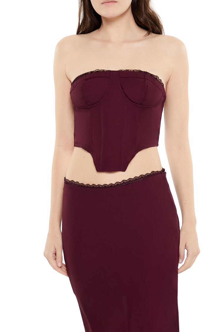  Forever 21 Lace-Trim Bustier Tube Crop Top - burgundy - Bonton