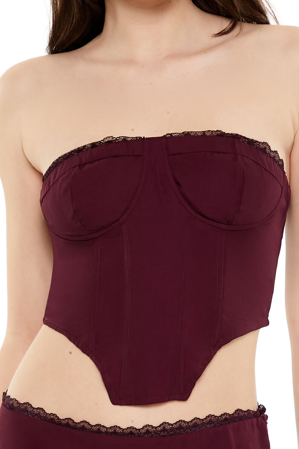 Forever 21 Lace-Trim Bustier Tube Crop Top - burgundy - Bonton
